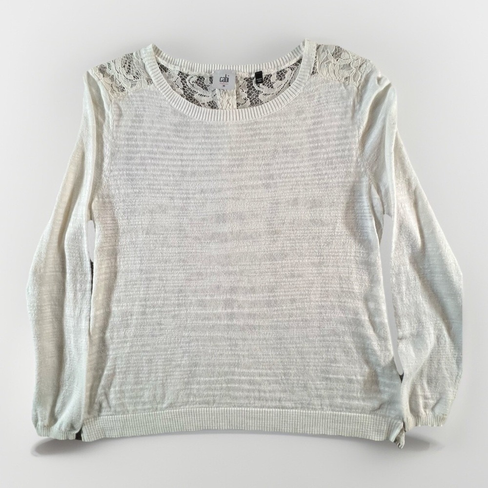Cabi Sweater Womens Size M White Lace Back Long Sleeve Mixed Media 5005